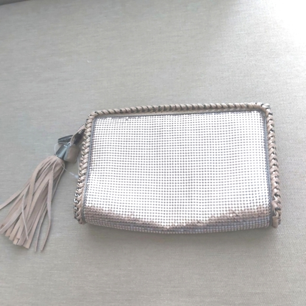BcbgMaxAzria taupe tan sequins evening clutch bag leather tassle